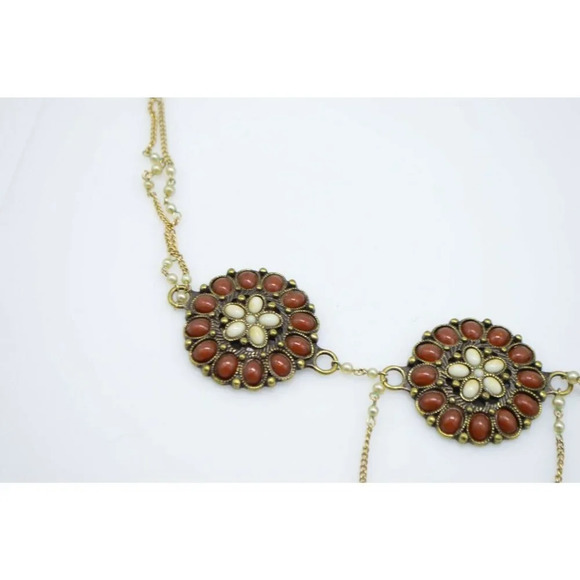 Faux Carnelian Red White Flower Bib Dangle - Picture 3 of 7